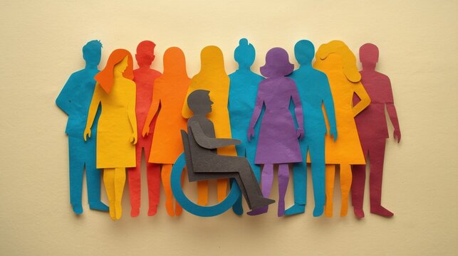 Figuras de papel agrupadas, con una de ellas representada como usuario de silla de ruedas e integrada de forma natural en el conjunto