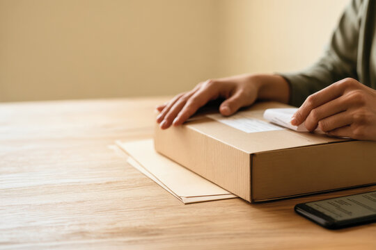 Hands preparing a package with shipping labels surrounded by essential paperwork, symbolizing the meticulous work involved in ensuring packages are ready for shipment and delivery.