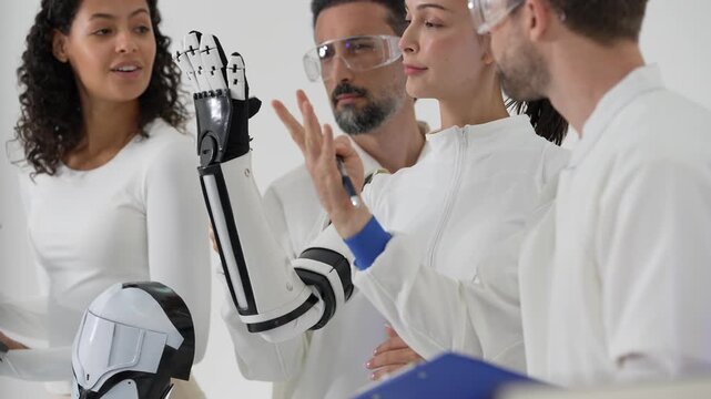 Close handheld footage of a robotics team measuring a robotic arm with calipers and sharing a smile over the finished bionic hand