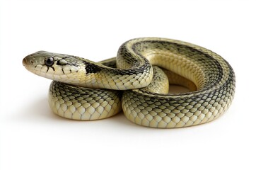 Obraz premium Green and black snake coiled on white background