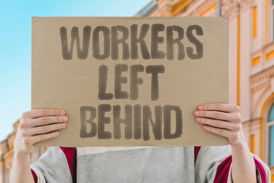"Workers left behind" Automation displaces employees without transition support. DISPLACEMENT. AUTOMATION. UNEMPLOYMENT. WORKERS. CRISIS.