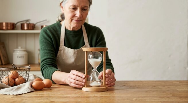 Senior woman watching sand egg timer in kitchen. Elderly female baker with hourglass and fresh eggs on wooden table
