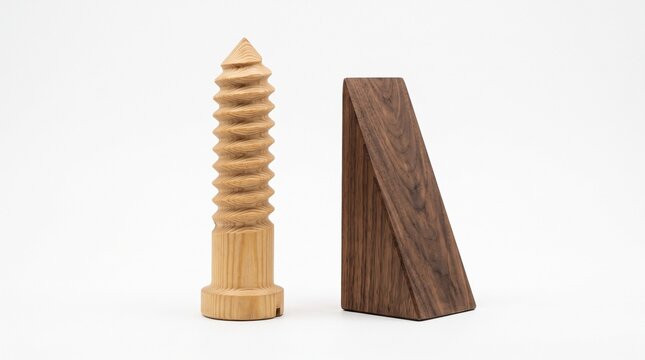 Wooden screw and wedge simple machines model for physics and mechanics education concept on White Background