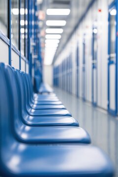 Empty blue seats in a modern waiting area