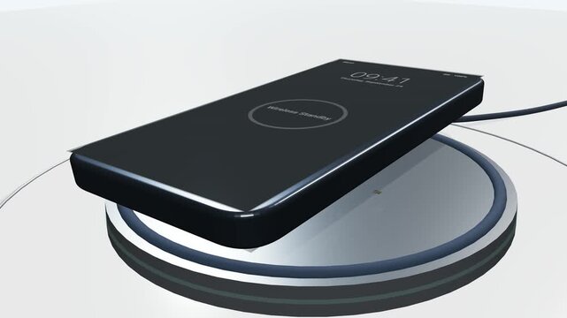 3D exploded view animation explaining the physics and mechanics of inductive wireless smartphone charging, detailing the transmitter coil, magnetic flux, receiver coil, and battery storage