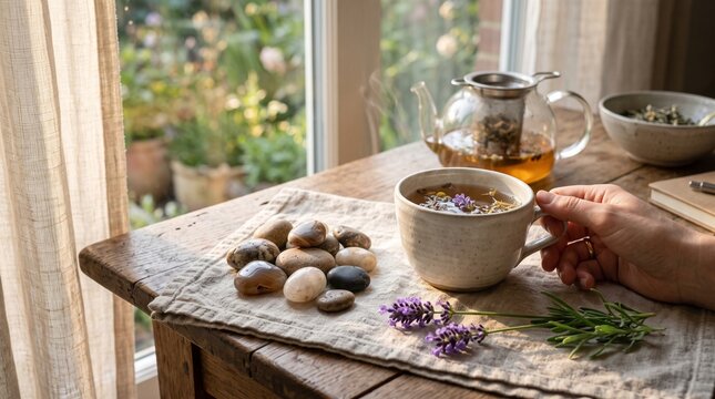 Herbal Tea with Polished Stones and Lavender in a Soothing Morning Wellness Ritual