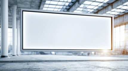 Obraz premium Empty white billboard mockup in spacious industrial warehouse