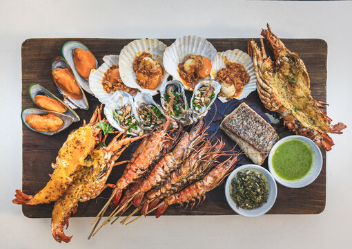 Mixed grilled seafood platter with prawns and shellfish