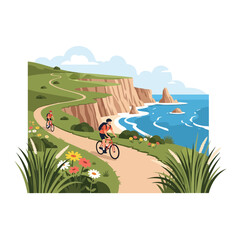 Obraz premium Active people cycling on a scenic coastal trail with ocean and cliff view
