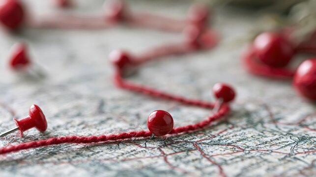 red pushpins connected by string on vintage map