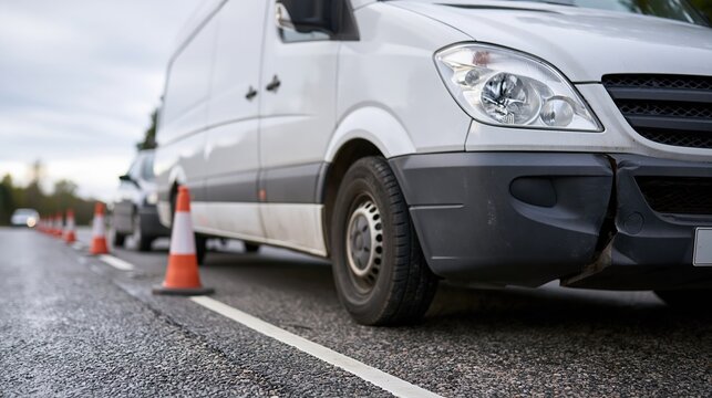 damaged white van parked behind traffic cones