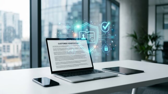 Digital customer identity verification on office laptop