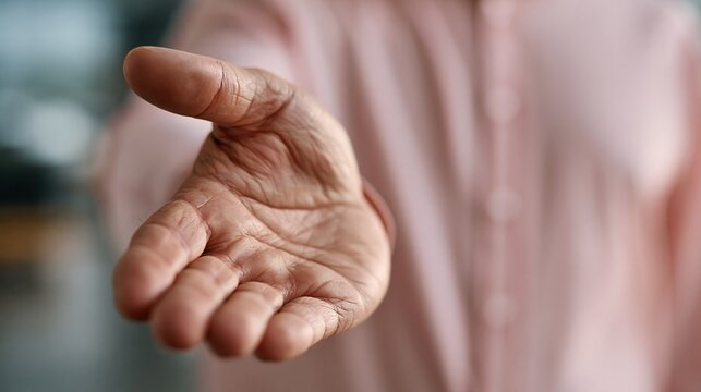 Closeup of open hand reaching forward with pink