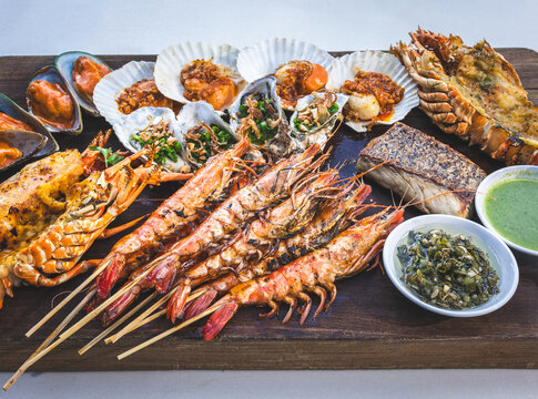 Grilled seafood platter with prawns and shellfish