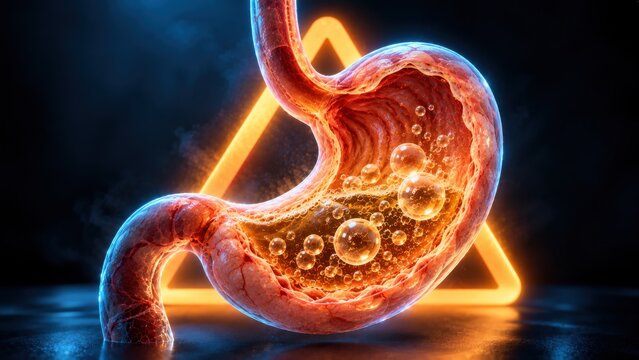 Human stomach internal view with gas bubbles and orange warning triangle glows on dark blue medical background.