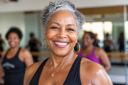 A smiling older Black woman in athletic wear is photographed indoors, likely at a gym or fitness center.