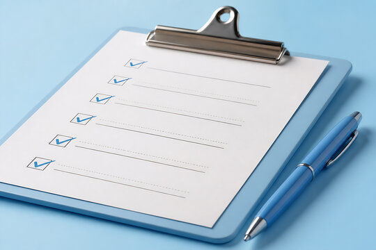 A clipboard with a checklist and a blue pen resting on a light blue surface.
