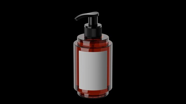 Amber Pump Bottle with Blank Label on Black Background. looped rotation. 3d Animation. 4K