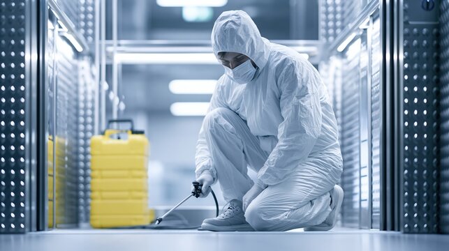 Worker in protective suit disinfecting server room floor