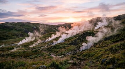 Naklejka premium A scenic landscape of rolling green hills in Iceland where geothermal energy sources vent natural steam into the colorful sunrise sky, captured from a low perspective