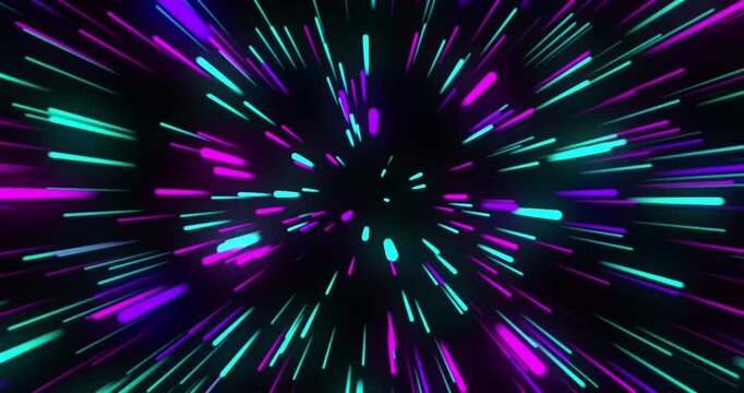 Abstract neon light rays. Hyperspace speed motion, technology background video