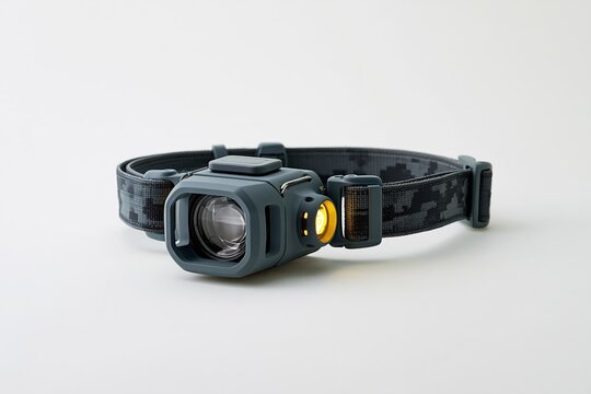 Modern headlamp with adjustable strap on white background