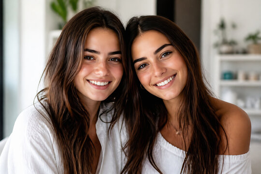 Two young women with long dark hair are smiling at the camera in a bright indoor setting.