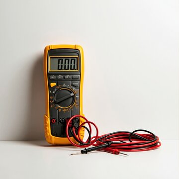 Yellow digital multimeter with test leads on white