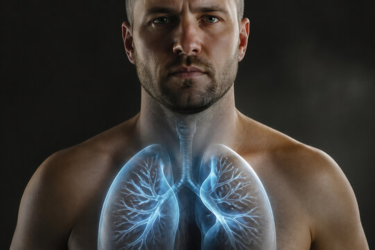 A man's torso with a glowing, translucent overlay of his internal lungs and circulatory system against a dark background.