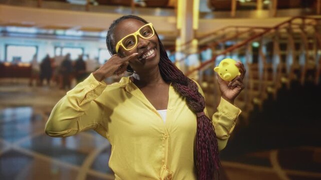 Woman holding piggybank and making a phone hand gesture to cheek in airport, smiling broadly while showing the yellow piggy bank; saving confidence joy.