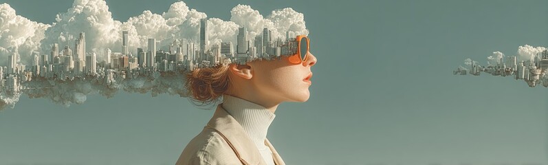 Woman with a city on her head and a cloud in the sky banner copy space © kramynina