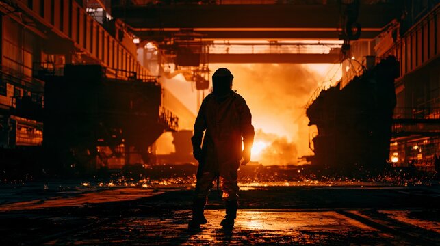 Medium shot of a steel worker in a flame-resistant suit and welding mask guiding a molten metal
