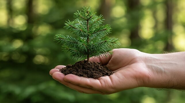 Hand holding small pine tree sapling in soil