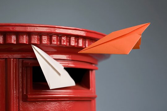 red postbox with orange and white paper airplanes