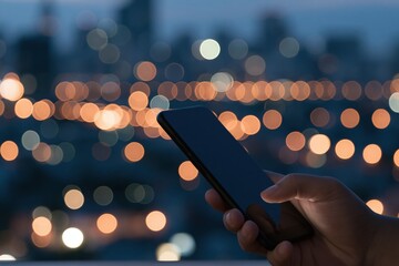 Obraz premium Hand holding smartphone against city night lights bokeh