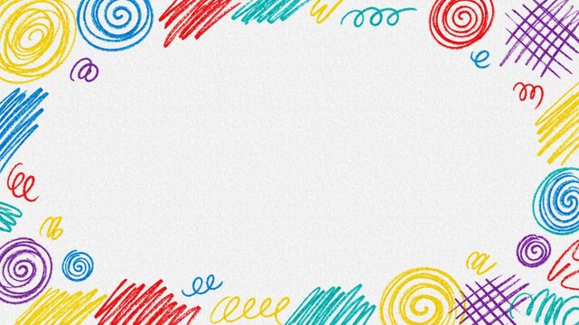 Colorful crayon scribble border background, abstract hand drawn spirals, swirls and crosshatching, playful children art frame layout, textured paper with blank central copy space