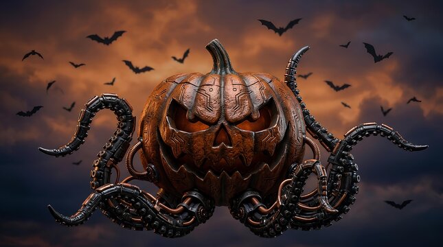 Cybernetic pumpkin monster with mechanical tentacles and glowing eyes in a dark sky with bats