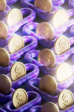 Golden Dollar Coins Over Futuristic Purple Tubes