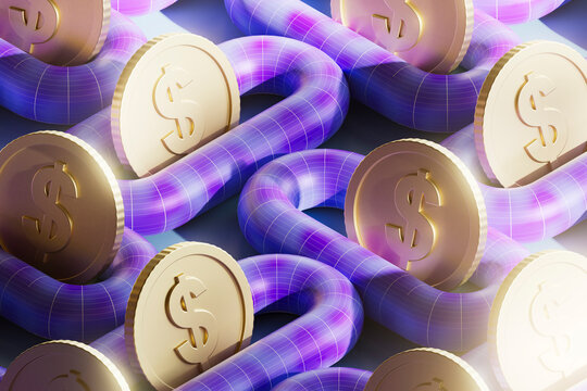 Dollar Coins Scattered Across Glowing Purple Tubes