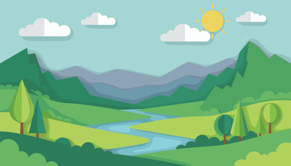 Obraz premium Beautiful layered paper art showing a river valley with green mountains and pine trees under a clear sun in a stylized landscape graphic design.