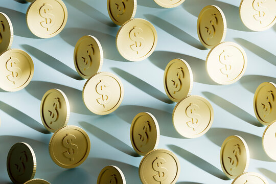 Dollar Coins and Long Shadows on Blue Background