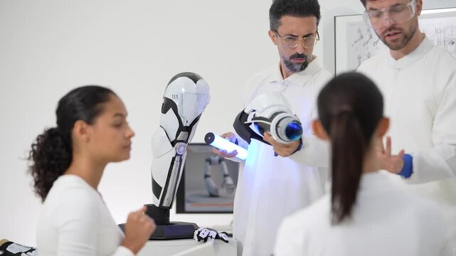Robotics team inspects a humanoid robot model under a blue light scanner, female scientist points at the robotic hand
