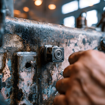 Macro Close Up of Industrial IoT Sensor Mounted on Grease Stained Machine Surface Supporting AI Predictive Maintenance in Manufacturing and Maintenance Software Content