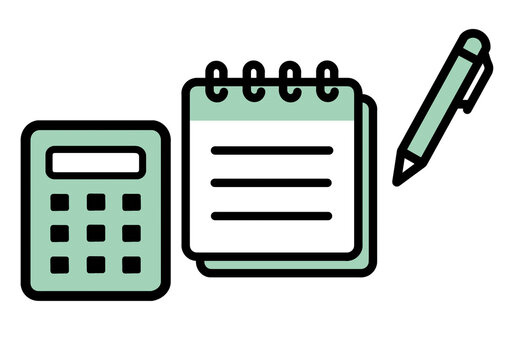 Calculator notepad and pen icon set in green for desk work