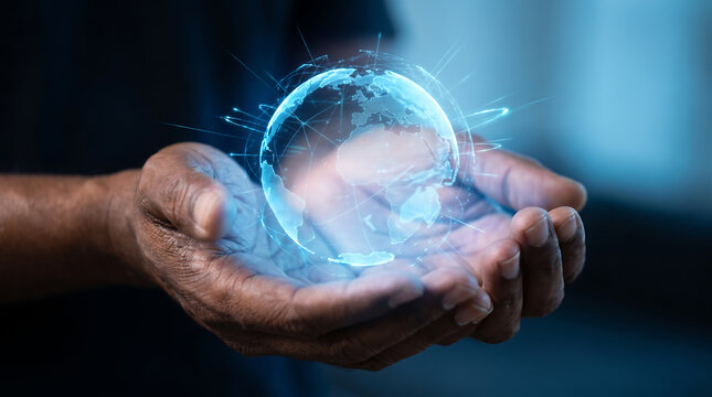 Human hands holding glowing digital globe with blue network connections and futuristic technology effects, symbolizing global communication and connected world concept