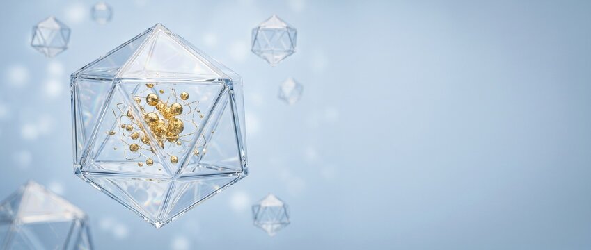 Futuristische transparente Molek&uuml;lstruktur mit goldenem Kern als Konzept f&uuml;r Nanotechnologie und Quantenforschung