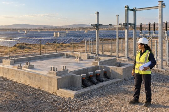electrical engineer inspects an unfinished grid connection beside a completed solar farm, illustrating interconnection delays, transmission bottlenecks and renewable energy investment risk