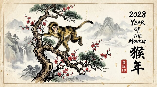 Traditional ink painting of monkey on tree for chinese new year 2028