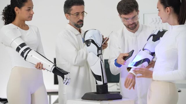 Woman with a bionic exoskeleton arm reaches toward a humanoid robot model as scientists scan and discuss the prototype with a glowing light