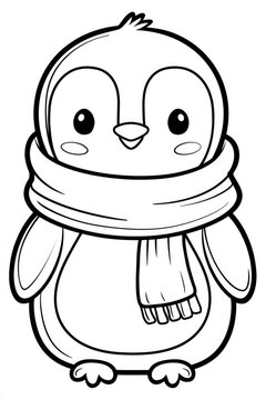 cute christmas penguin outline black and white line art illustration for coloring page